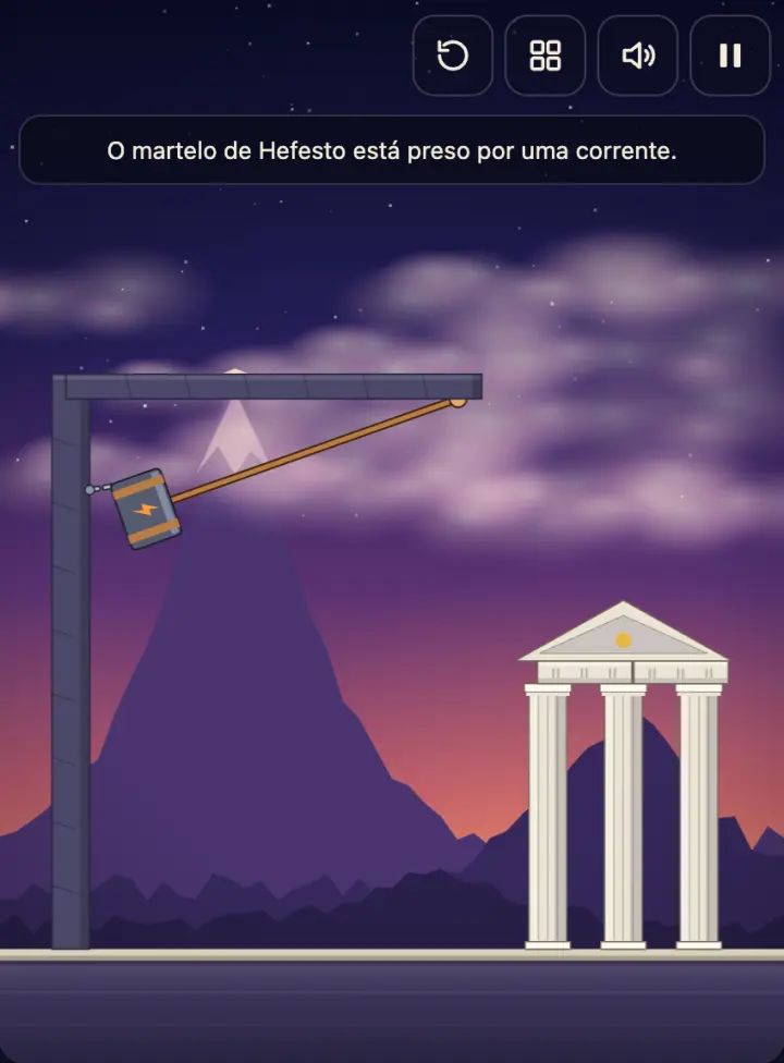 Nível Martelo de Hefesto em Temple Collapse: o martelo suspenso por uma corrente ao lado do templo